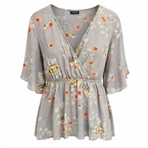 Torrid Floral Wrap Top V-Neck Kimono Plus 1X grey cottage core girly blouse